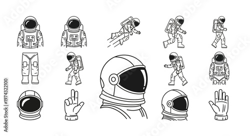Astronaut helmets and space suits illustrations.
