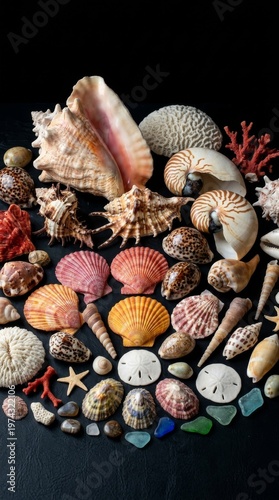 Seashells Varied Collection on Dark Background