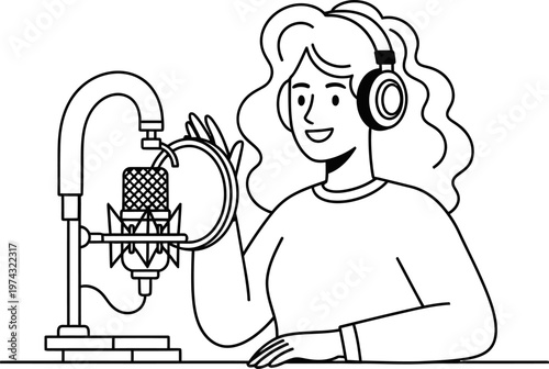 Cartoon woman recording podcast with microphone and headphones