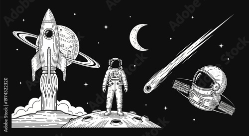 Astronaut standing on moon with rocket and space gear.