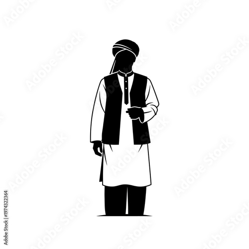 Traditional Middle Eastern man, turban and vest, black and white vector icon, cultural symbol isolated on White Background vector eps silhouette