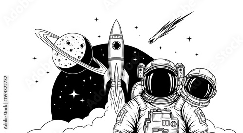 Astronauts in space with rocket and planets.