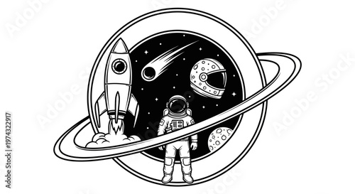 Astronaut standing next to a rocket.