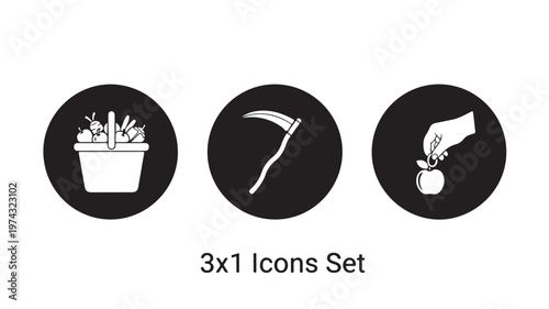 Black and white 3x1 icons set of a basket of fruits, a sickle, and a hand holding an apple on black circles for agriculture, harvest, and health concepts