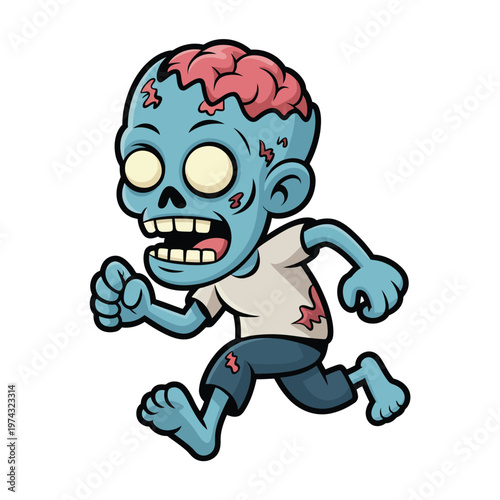 A cartoon zombie running with exposed brain and wounds