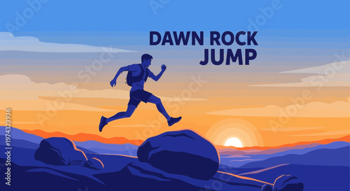 Athletic Dawn Jump Across Rocky Terrain