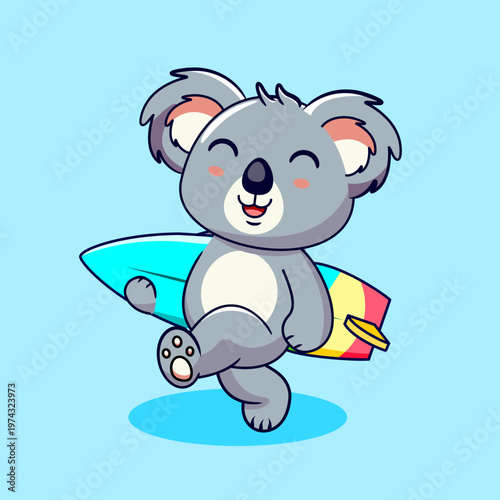 Happy Cartoon Koala with Surfboard Ready For Surfing in Summer Vector Illustration Kawaii Animal