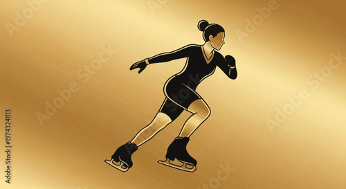 Athletic Female Speed Skater In Motion On Gold Background