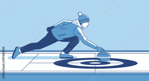Athletic Figure Engaged In The Precision Sport Of Curling During Winter Season