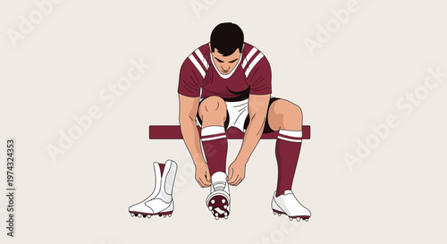 Athletic Preparation A Football Player Tying His Cleats Before The Game