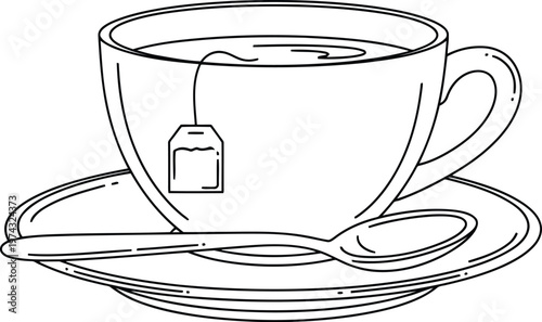 line drawing tea cup with teabag and spoon