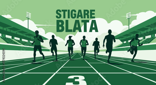 Athletic Race Silhouettes On A Green Track With Stadium Background And Number Three