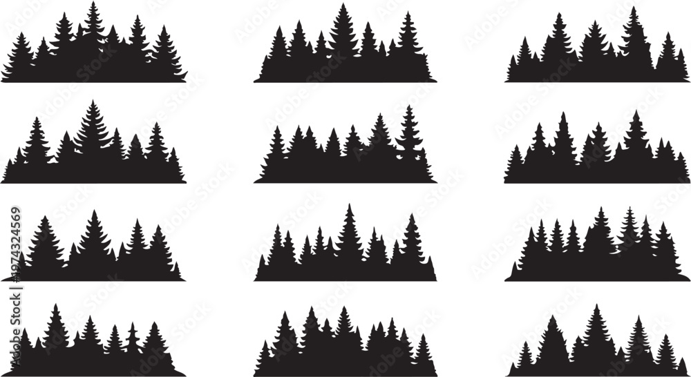 Fototapeta premium Collection of pine tree silhouettes in various shapes and sizes for design and icon use