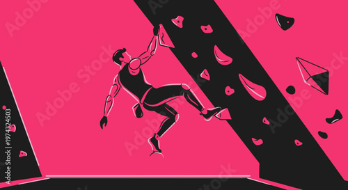 Athletic Man Ascending Rock Climbing Wall Dynamic Sport Performance
