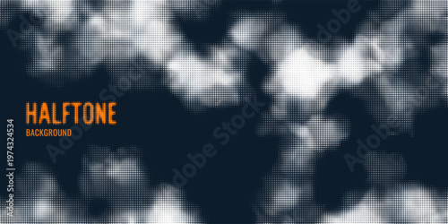 Black and white halftone background. Abstract illustration of round particles. The dots form shapeless images. Vector graphics.	
