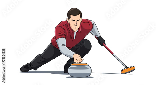 Athletic Man Concentrating While Sliding A Curling Stone On Ice Arena