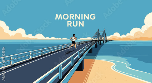 Athletic Runner Embarks On A Serene Morning Jog Across A Grand Bridge Over The Ocean