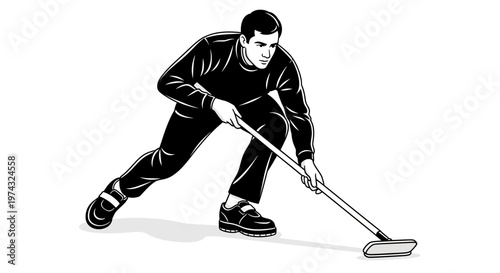 Athletic Man Engaged in Winter Sport With Broom Action