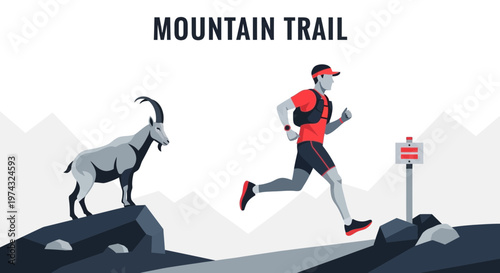 Athletic Runner Navigates Mountain Trail Encountering Ibex