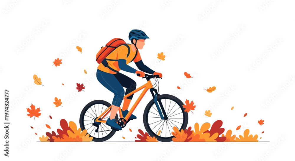 Fototapeta premium Autumn Cyclist Riding Through Colorful Falling Leaves