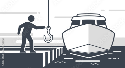 Attracting a Vessel With a Giant Fishing Hook by a Dockside Figure