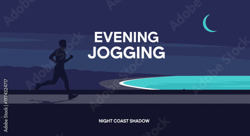 Athletic Silhouette Jogging Along Coastline Under Crescent Moon