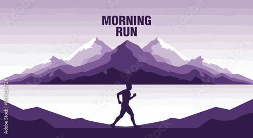 Athletic Silhouette Jogging In A Serene Mountain Landscape At Dawn