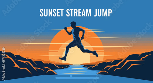 Athletic silhouette leaping across a stream at sunset