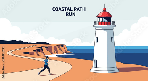 Athletic Man Running Along Scenic Coastal Lighthouse Path