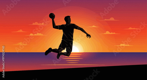 Athletic Silhouette Leaping with Ball During Sunset Over Water