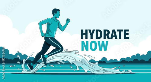 Athletic Man Running Through Water Splash Hydration