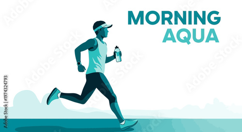 Athletic Man Running With Water Bottle During Morning Aqua Session