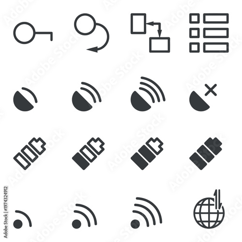 A comprehensive set of modern, minimalist vector icons illustrating common user interface elements and system status indicators, including connectivity, battery life, and notifications, essential for 