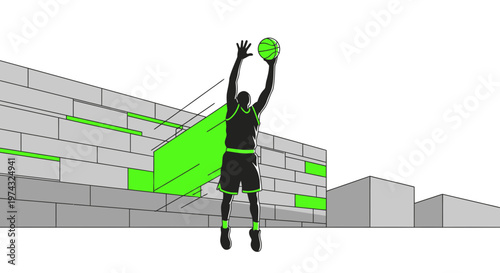 Athletic Silhouette Soaring For A Slam Dunk Against A Striking Modern Facade