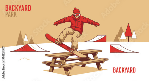 Backyard Park Snowboarder Performing Trick On Picnic Table