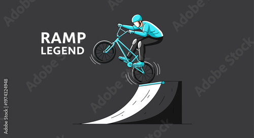 Awesome Bicycle Rider Performing Stunts On A Ramp In Cartoon Style