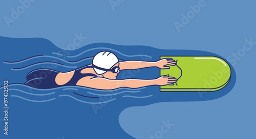 Athletic Swimmer Training With Kickboard In Blue Water