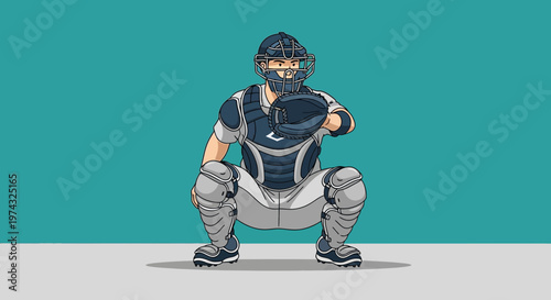 Baseball Catcher Ready For Action In Full Gear Uniform