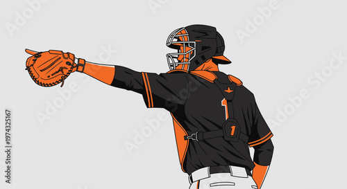 Baseball Catcher Pointing with Mitt in Action