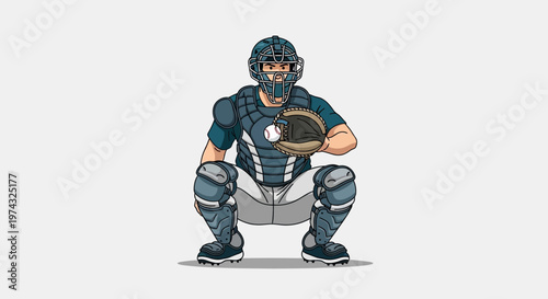 Baseball Catcher In Protective Gear Ready To Receive Pitch