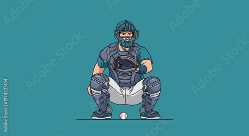 Baseball Catcher In Protective Gear Ready To Catch Ball