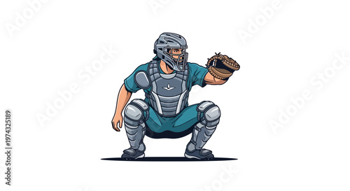 Baseball Catcher Prepared To Receive Pitch In Action Pose Illustration