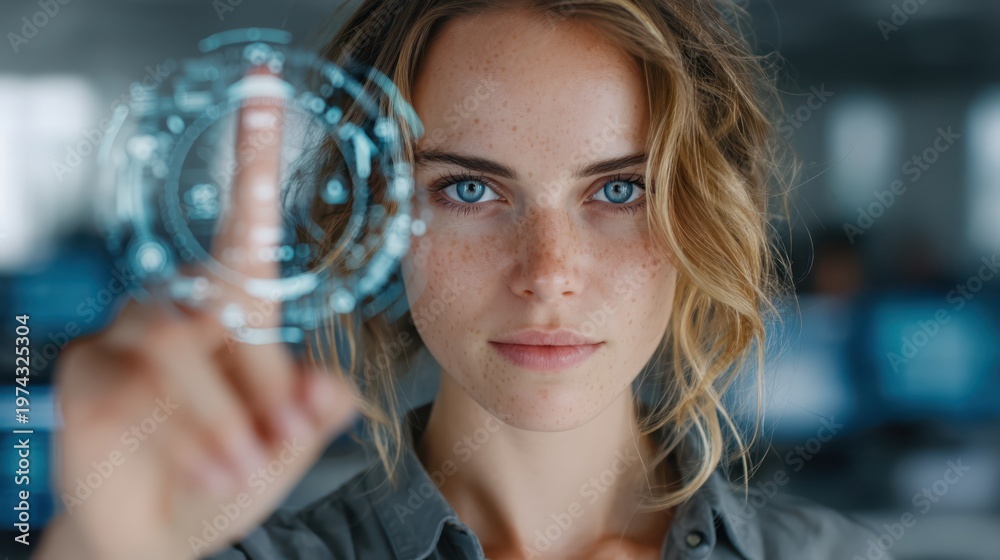 Naklejka premium A focused young woman interacts with a transparent digital interface, highlighting futuristic technology and innovation.
