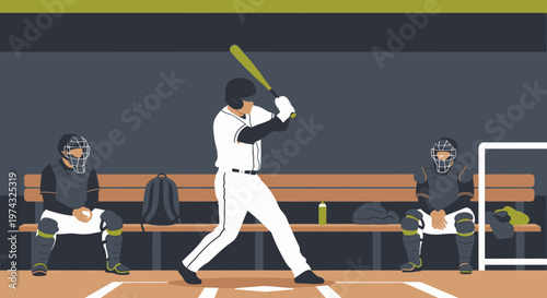 Baseball Game Action In The Dugout Minimalist Scene