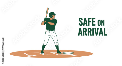 Baseball Player At Bat With Safe On Arrival Text