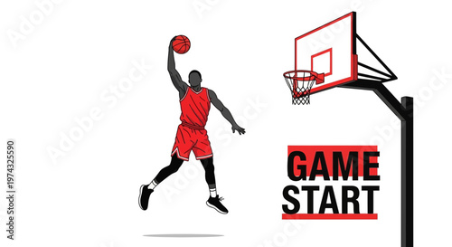 Basketball Player Dunking Over Game Start Text And Hoop