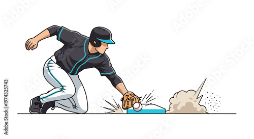 Baseball Player Sliding Safely Into Base Action Shot Vibrant Illustration