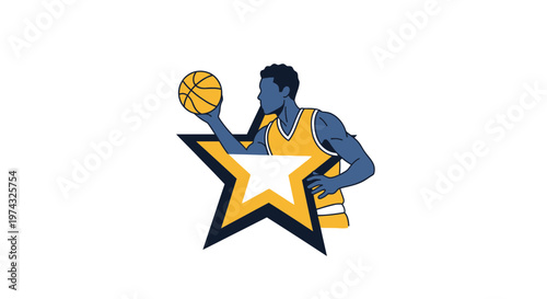 Basketball Player Silhouette Holding Ball Over Star Graphic