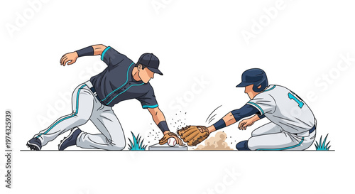 Baseball players in intense action at a base