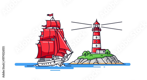 Bold Red Sailboat Navigates Near Iconic Striped Lighthouse